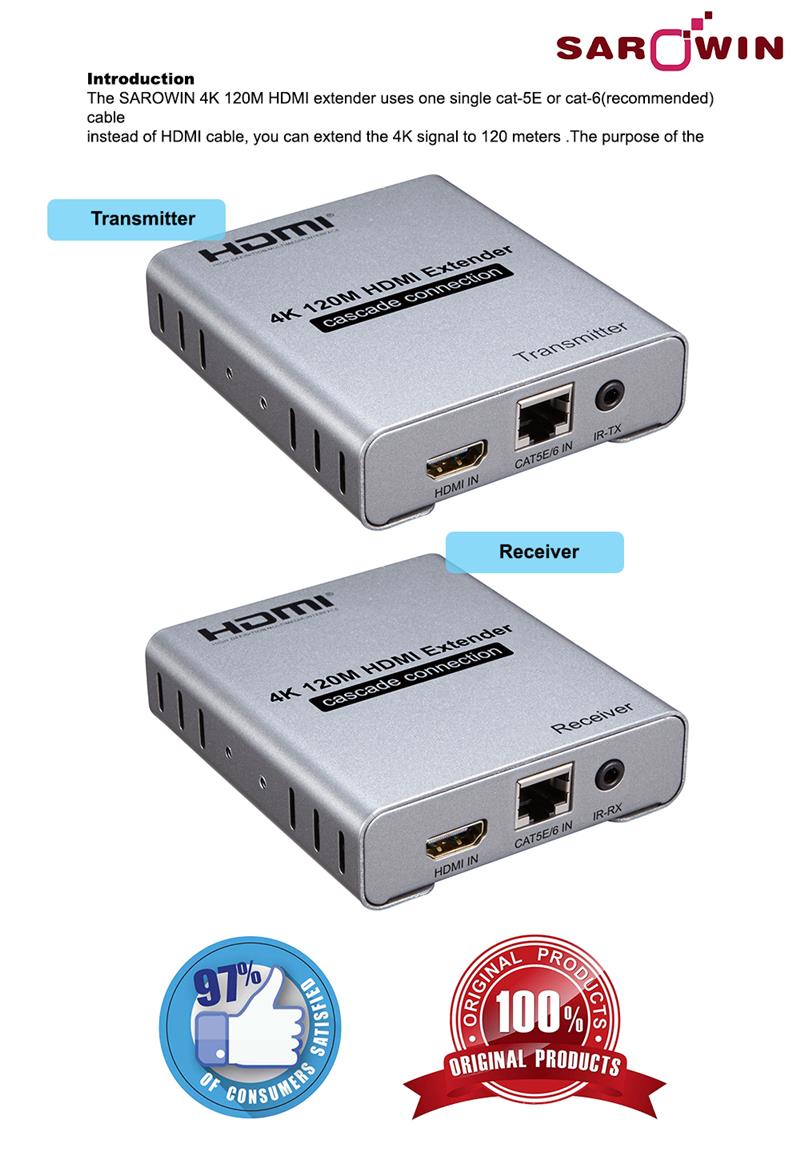 Qkens 4K 120M HDMI Extender Over CAT6/Cat5e - Cascade Connection Via RJ45